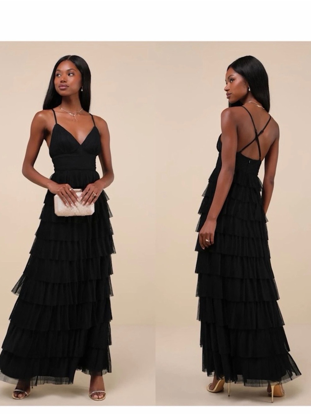 NWT Lulus Radiat Event black mesh ruffle maxi dress